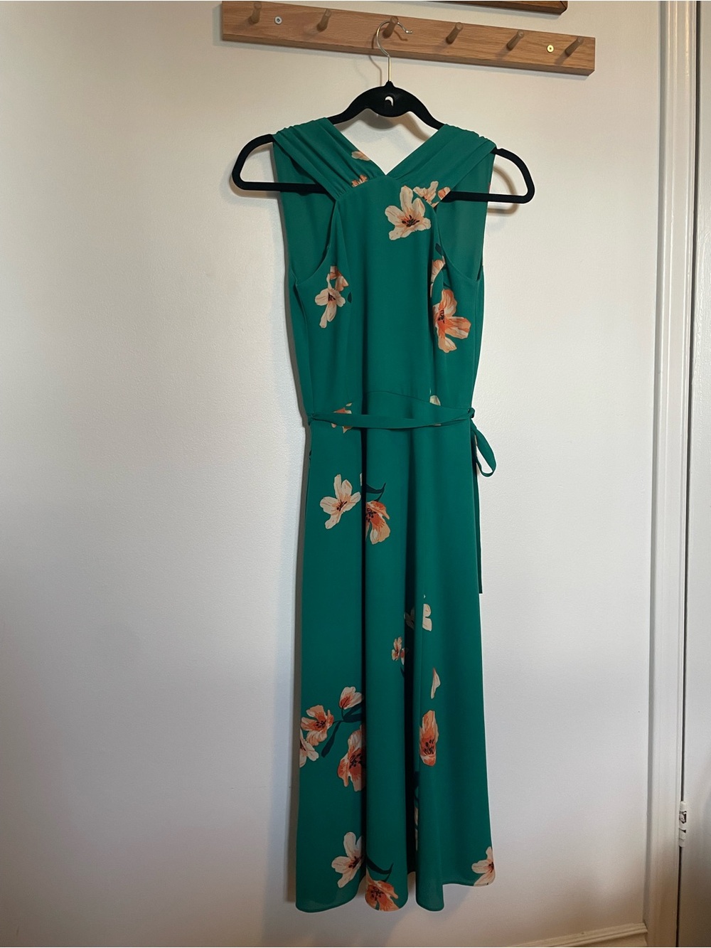 Sleeveless Teal Floral Maxi Dress with Tie Waist